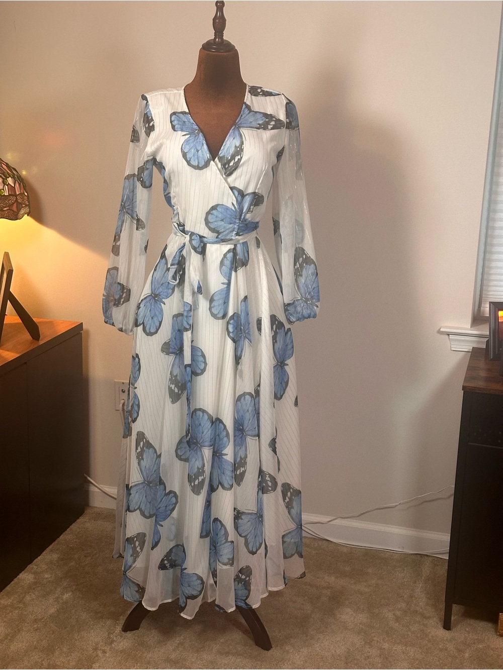 Boston Proper White Maxi Wrap Dress with Blue Butterfly Print